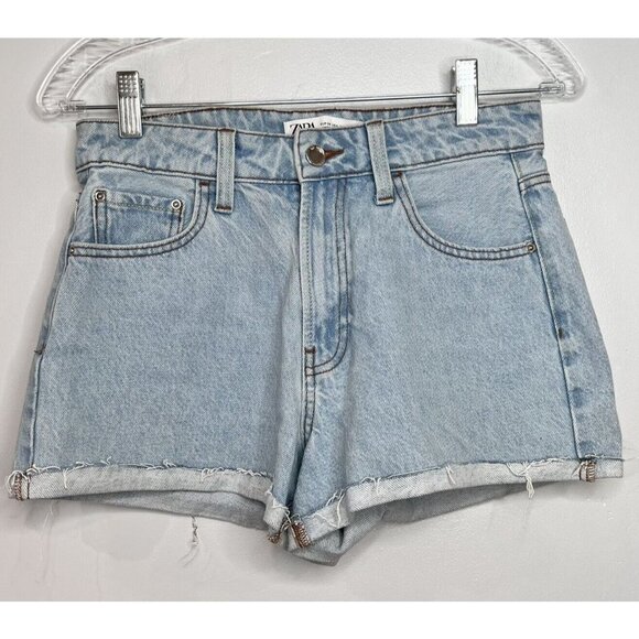 Zara Jean Denim Shorts Womens Size 4 High Rise Rolled Hem Distressed Light Wash - Picture 1 of 8